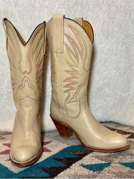 Frye Shoes - 70s 80s Vintage Frye Cream Leather Cowgirl Boots w/Multicolor Stitching